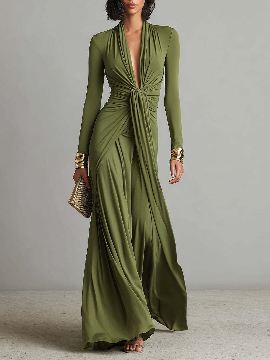 Silk Long Sleeve Draped Maxi Dress with Deep V-Neck and Front Twist Detail