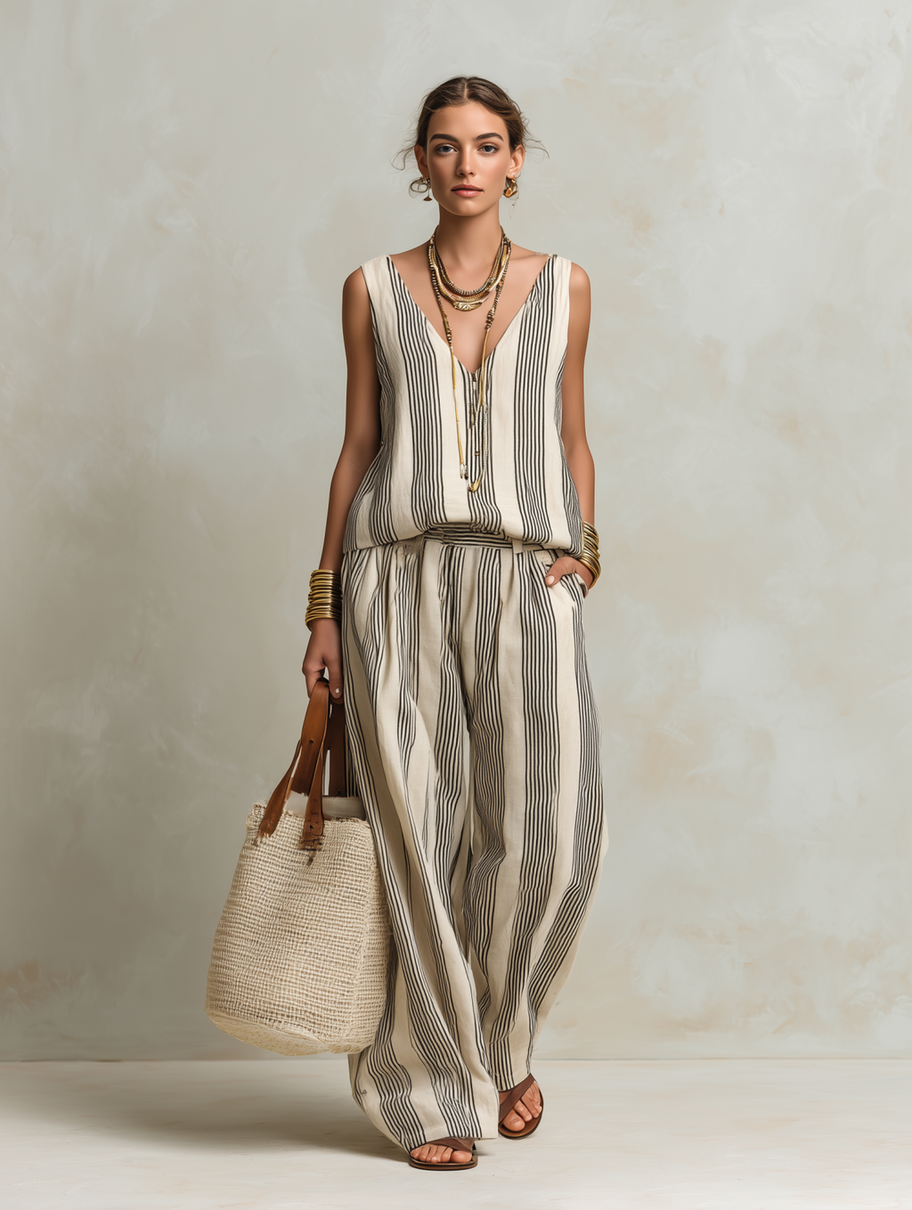 Linen Striped V-Neck Sleeveless Jumpsuit with Wide Leg and Deep Plunge Neckline