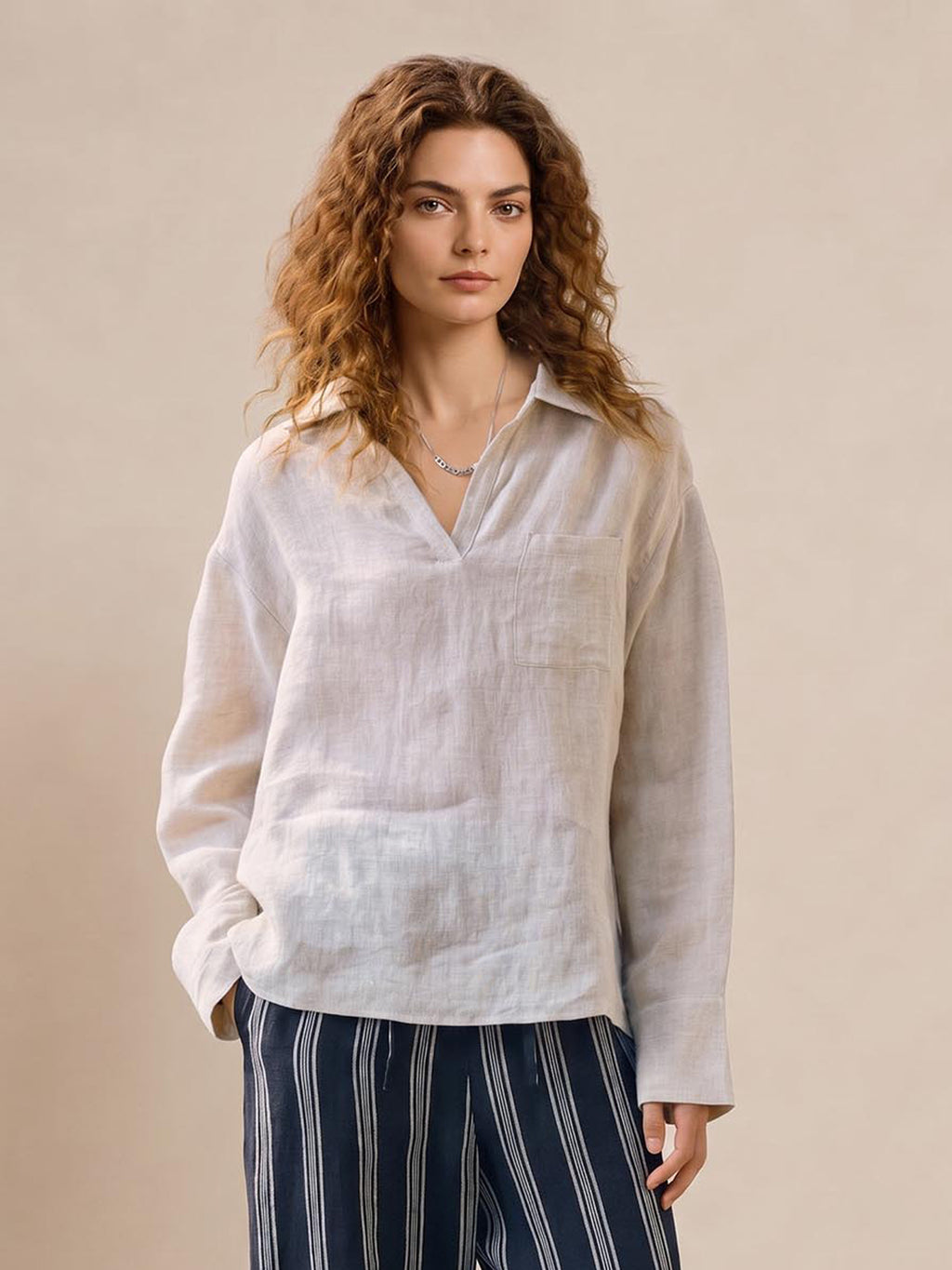 Linen V-Neck Slouchy Shirt