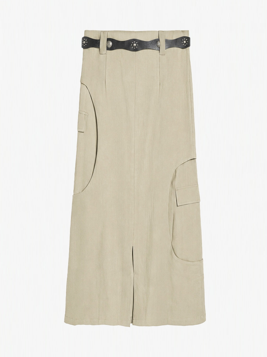 Curved-Seam Cargo Midi Skirt With Studded Belt