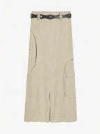 Curved-Seam Cargo Midi Skirt With Studded Belt