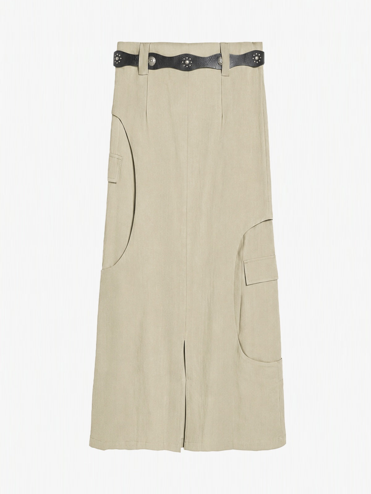 Curved-Seam Cargo Midi Skirt With Studded Belt