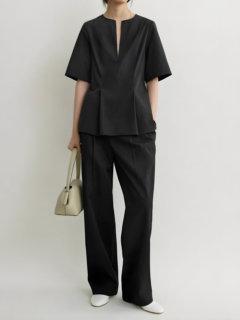 Split-Neck Cotton Tailored Blouse