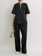 Split-Neck Cotton Tailored Blouse