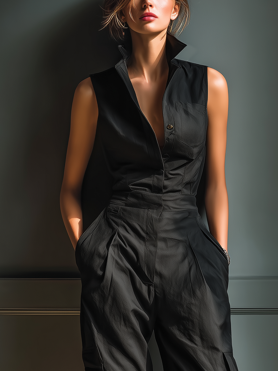 Cotton Blend Sleeveless Wide Leg Jumpsuit with Deep V-Neck and Cargo Pockets