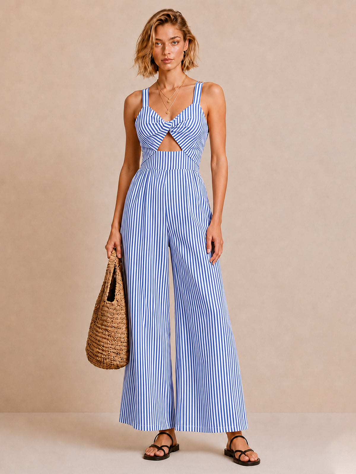Striped Twisted Cutout Wide Jumpsuit