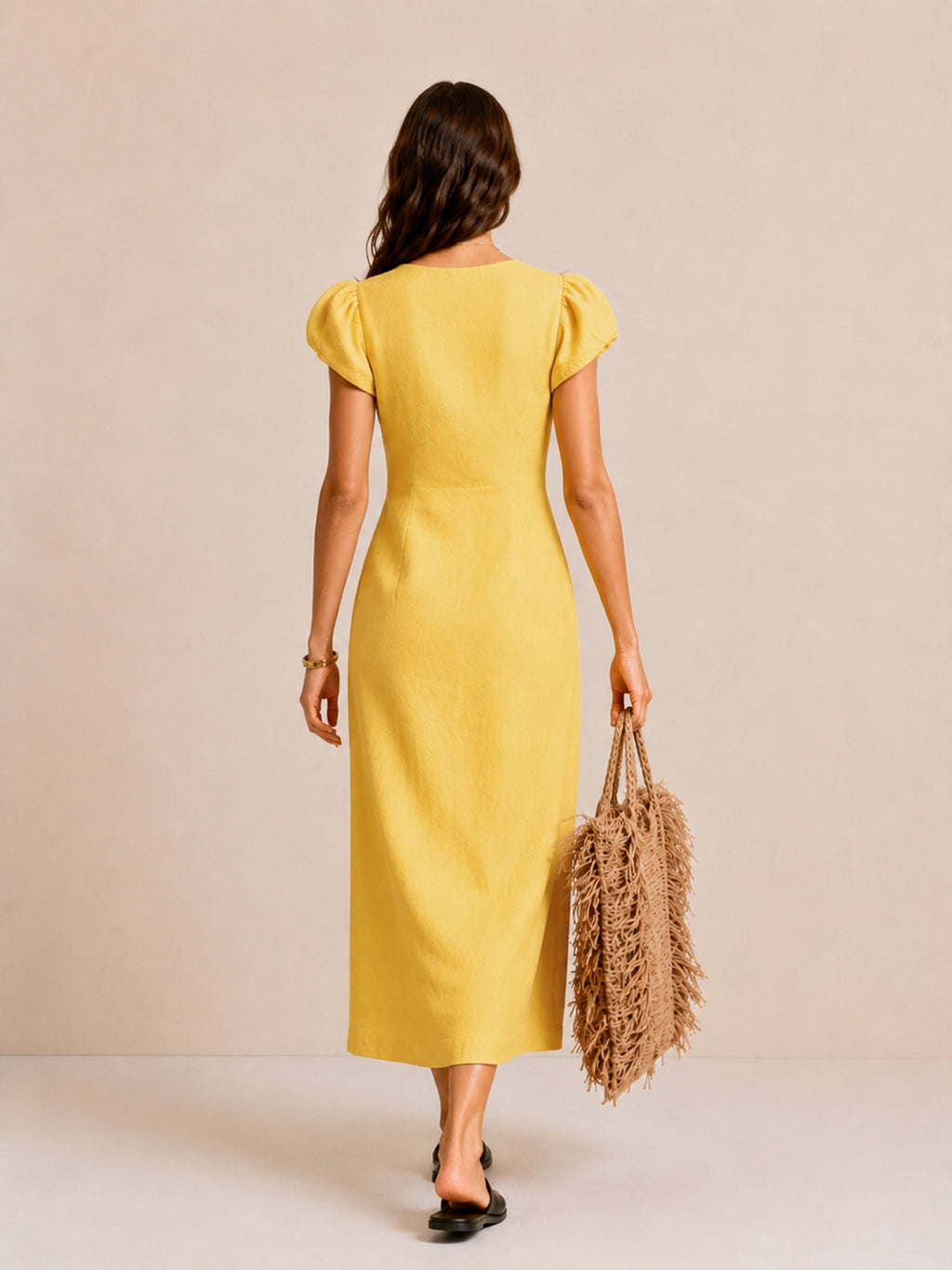 Asymmetric Button Puff Sleeve Dress