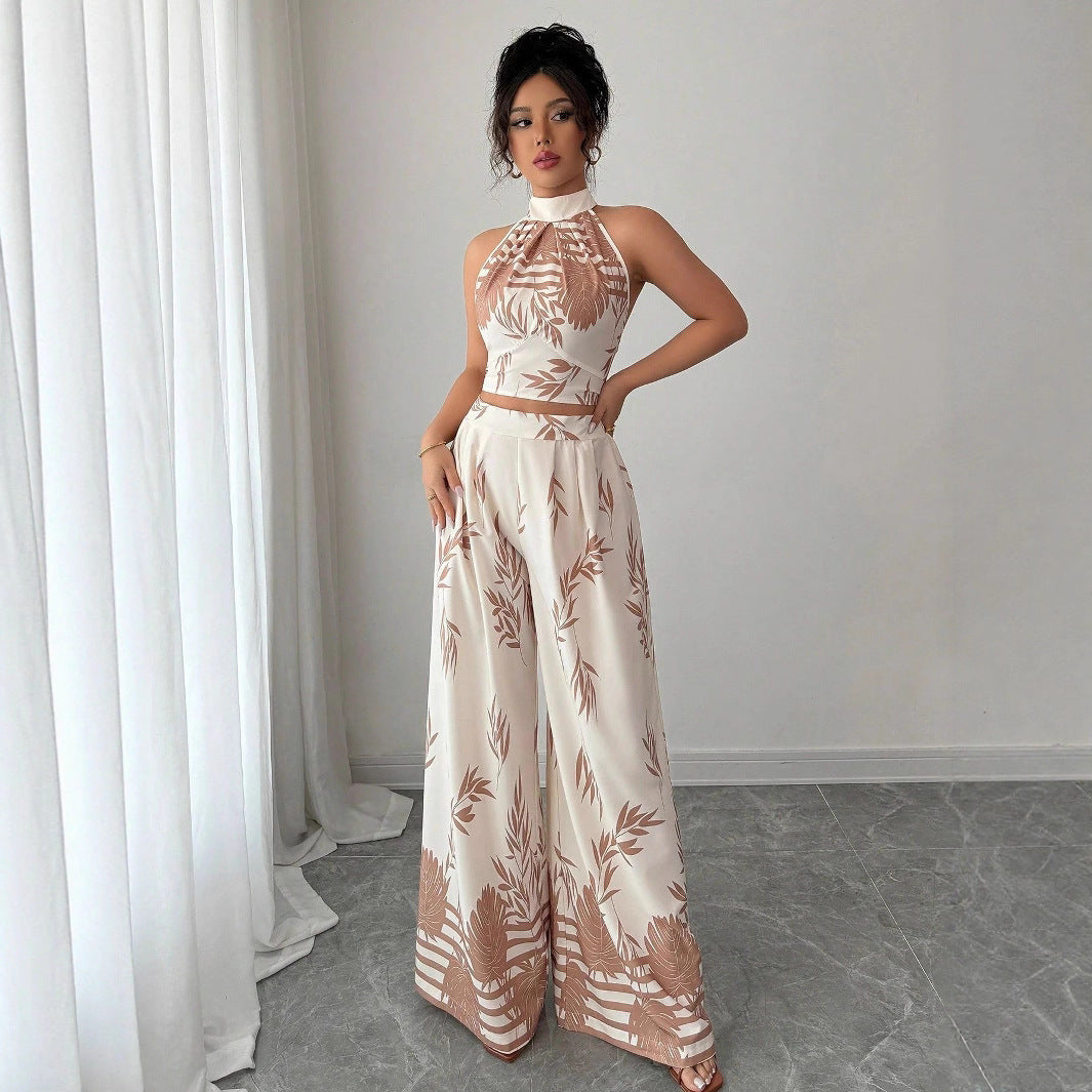 Leaf Print Halter Neck Crop Top & Wide-Leg Pants Set