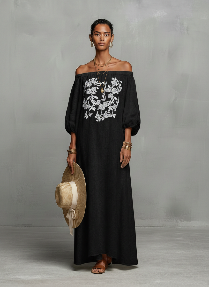 Linen Off-Shoulder Embroidered Maxi Dress with Puff Sleeves