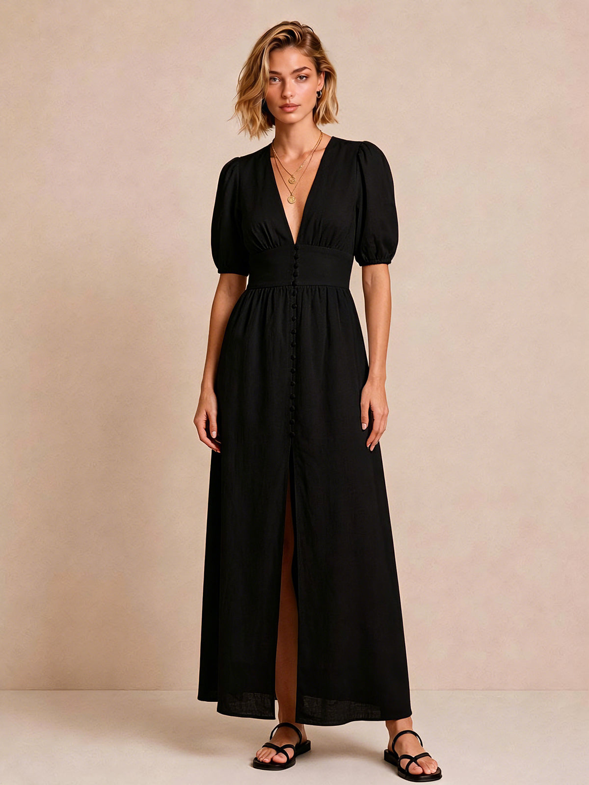 Deep V Puff Sleeve Maxi Dress