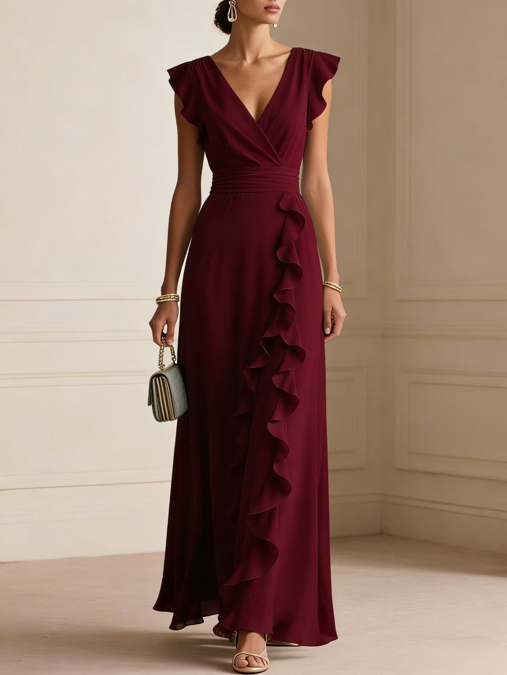 Silk V-Neck Ruffle Wrap Maxi Dress