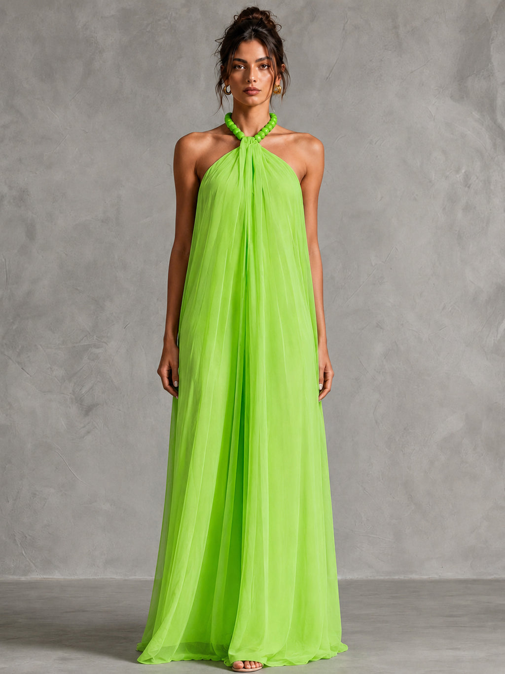 Beaded Halter Pleated Maxi Dress