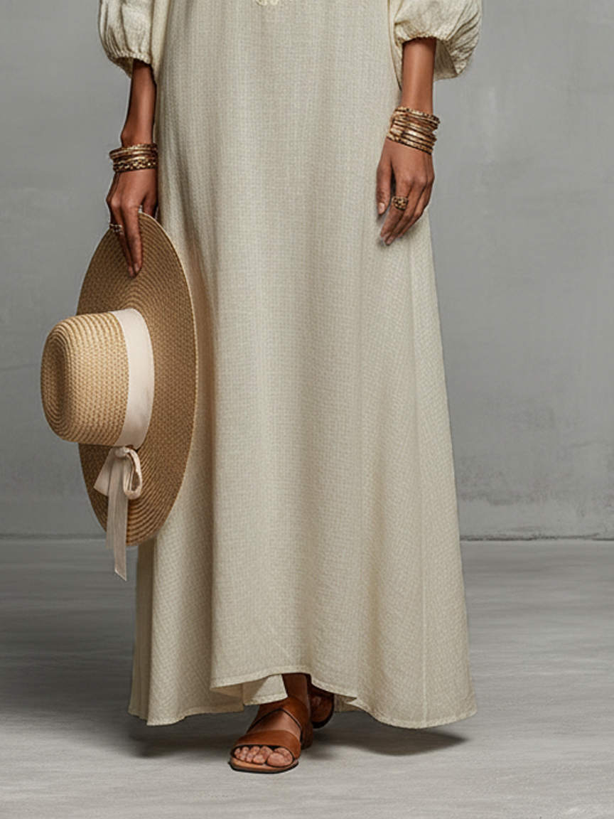 Linen Off-Shoulder Embroidered Maxi Dress with Puff Sleeves