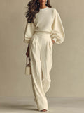Soft Knit Cream Wide Sleeve Sweater with High Waist Pleated Trousers Set