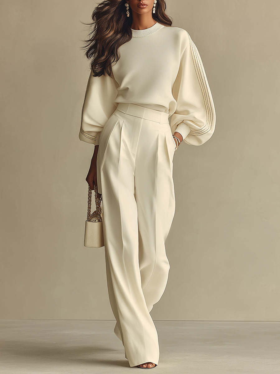 Soft Knit Cream Wide Sleeve Sweater with High Waist Pleated Trousers Set