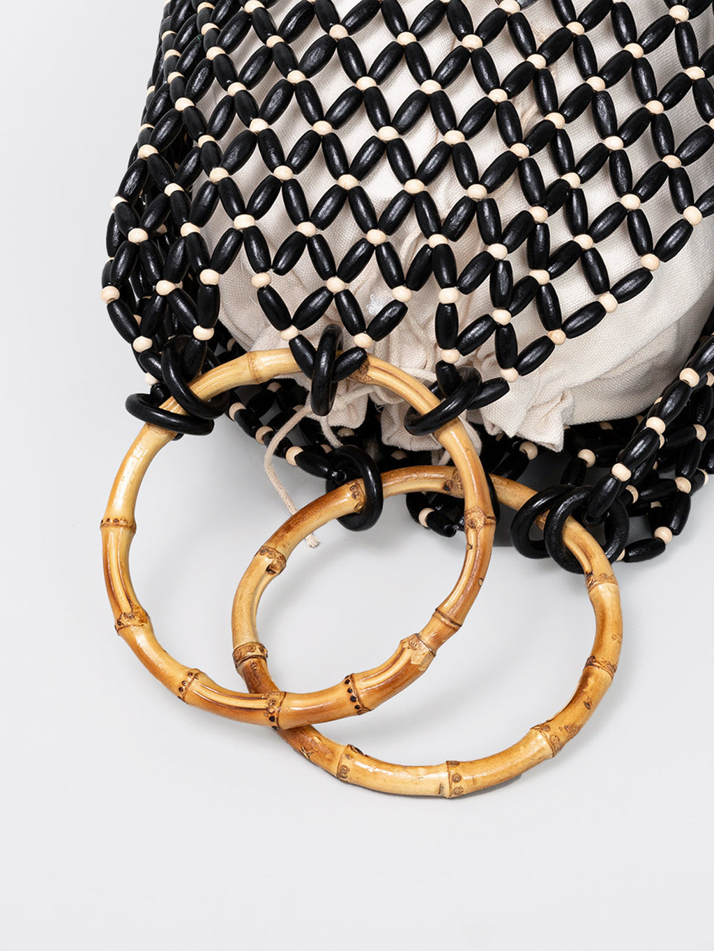Handwoven Beaded Bucket Bag with Bamboo Handles