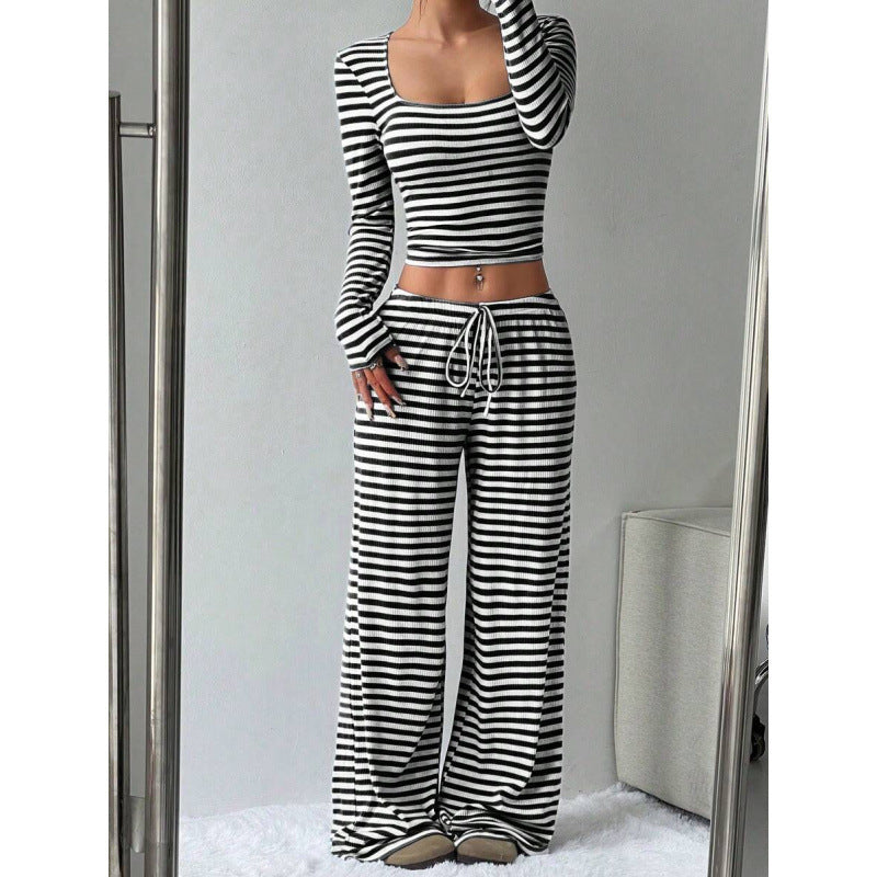 Striped Crop Top Wide Leg Pants Set