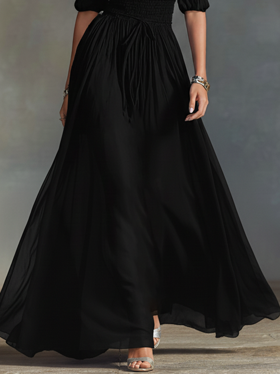 Chiffon Halter Maxi Dress with Deep V-Neck and Off-Shoulder Sleeves - Elegant Black Evening Gown for Formal Events