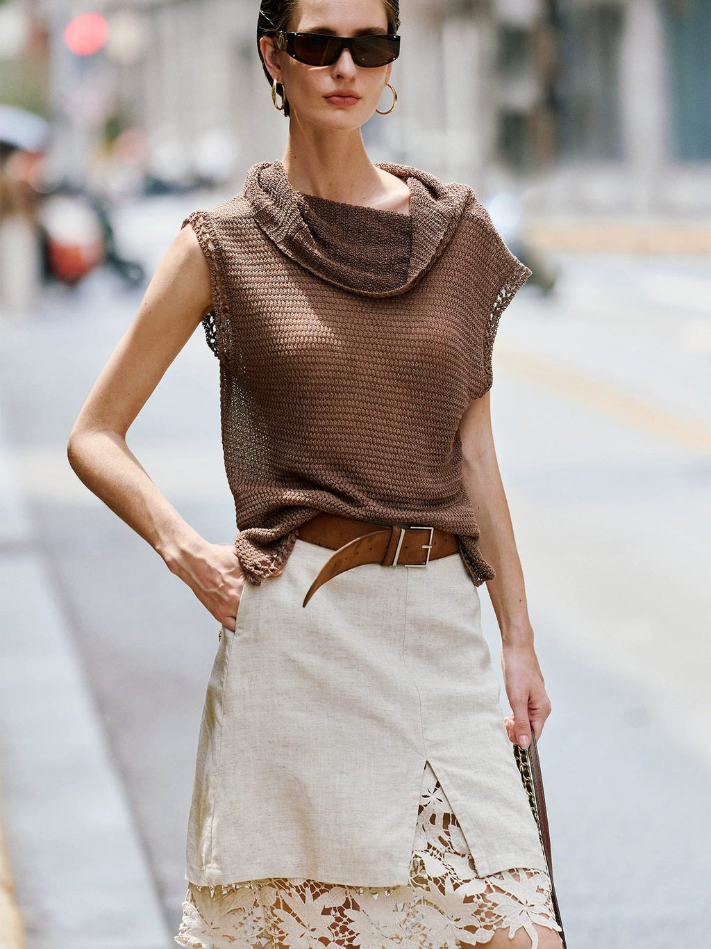 Patchwork Hollow-Out Lace Tencel-Linen Skirt