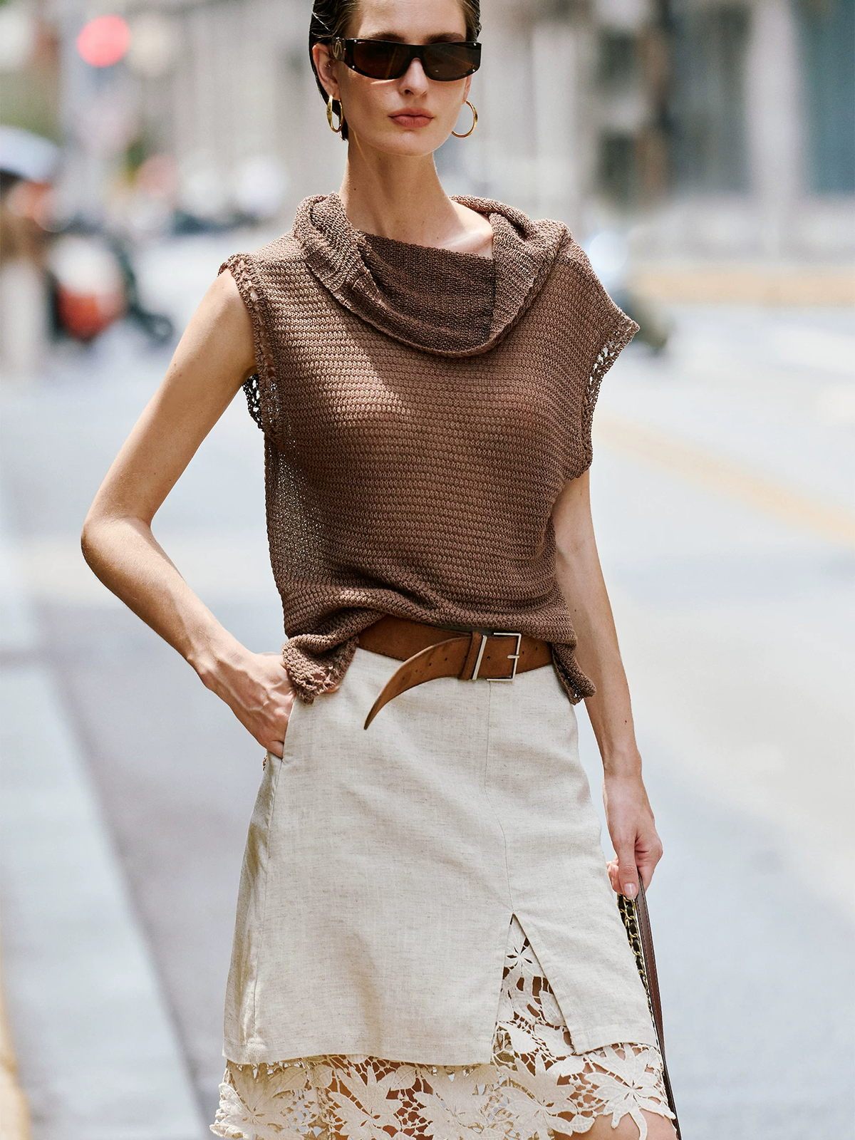 Patchwork Hollow-Out Lace Tencel-Linen Skirt