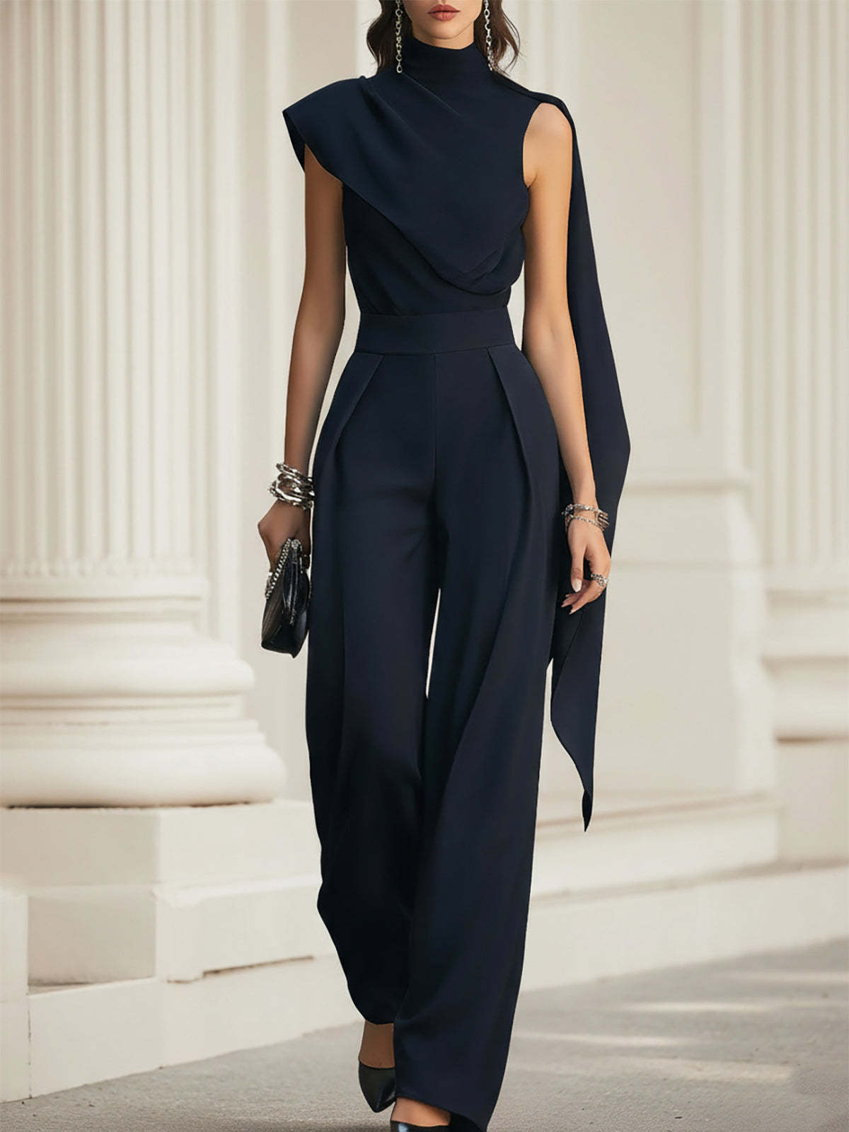 Navy Chiffon Draped Top And Wide Leg Pants Set