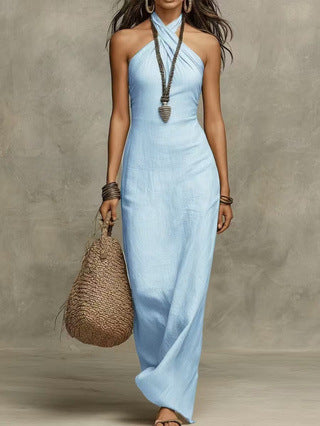 Cross Halter Neck Fitted Maxi Dress