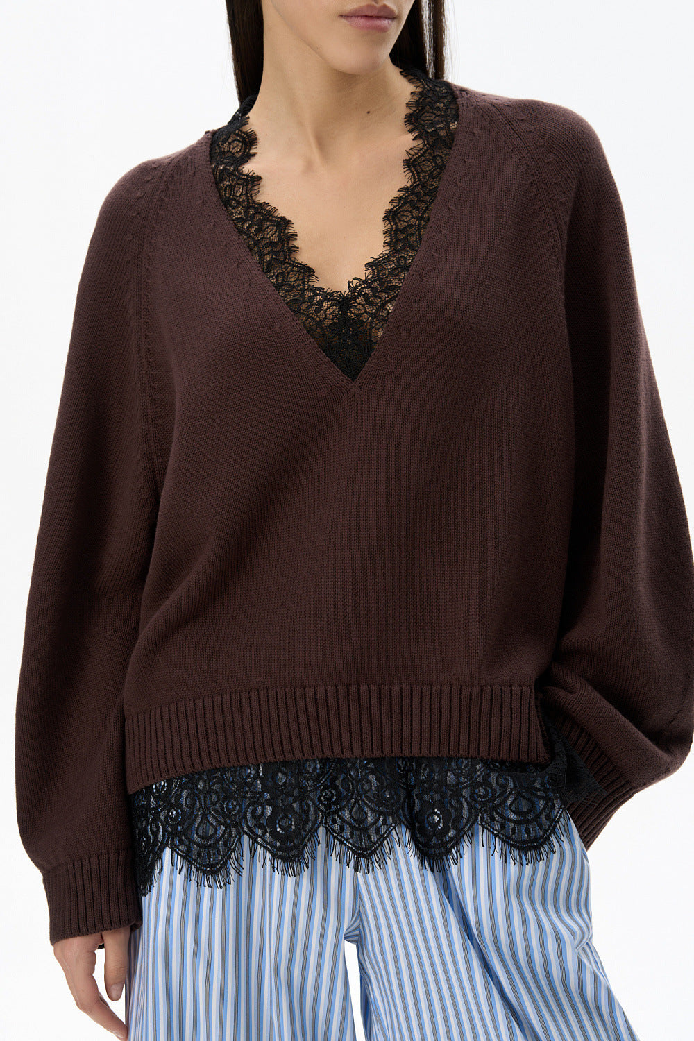 Lace-Trim V-Neck Knit Sweater