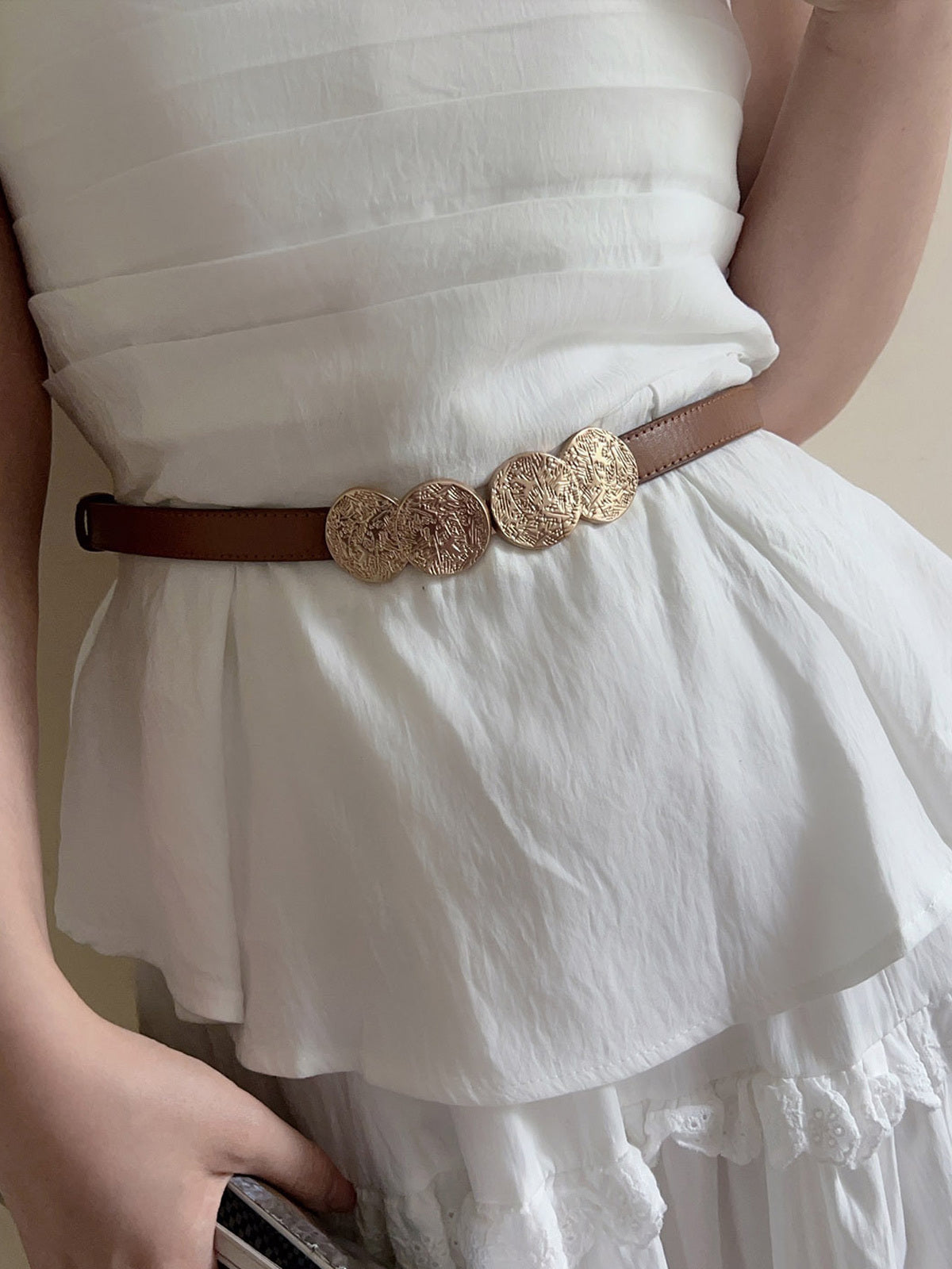 Cream Gold Medallion Faux Leather Belt