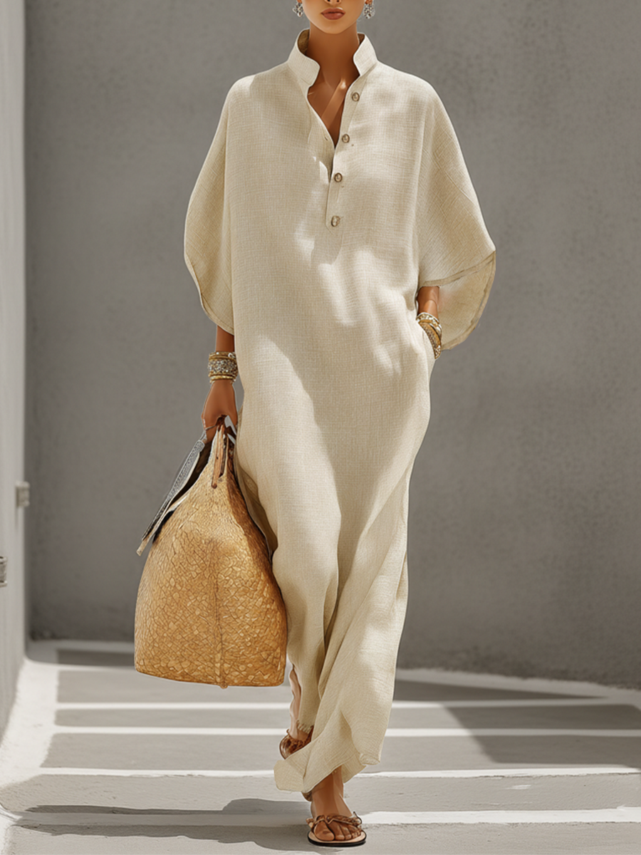 Linen Maxi Dress for Women Loose Long Sleeve V-Neck Button Down Boho Casual Summer Dress