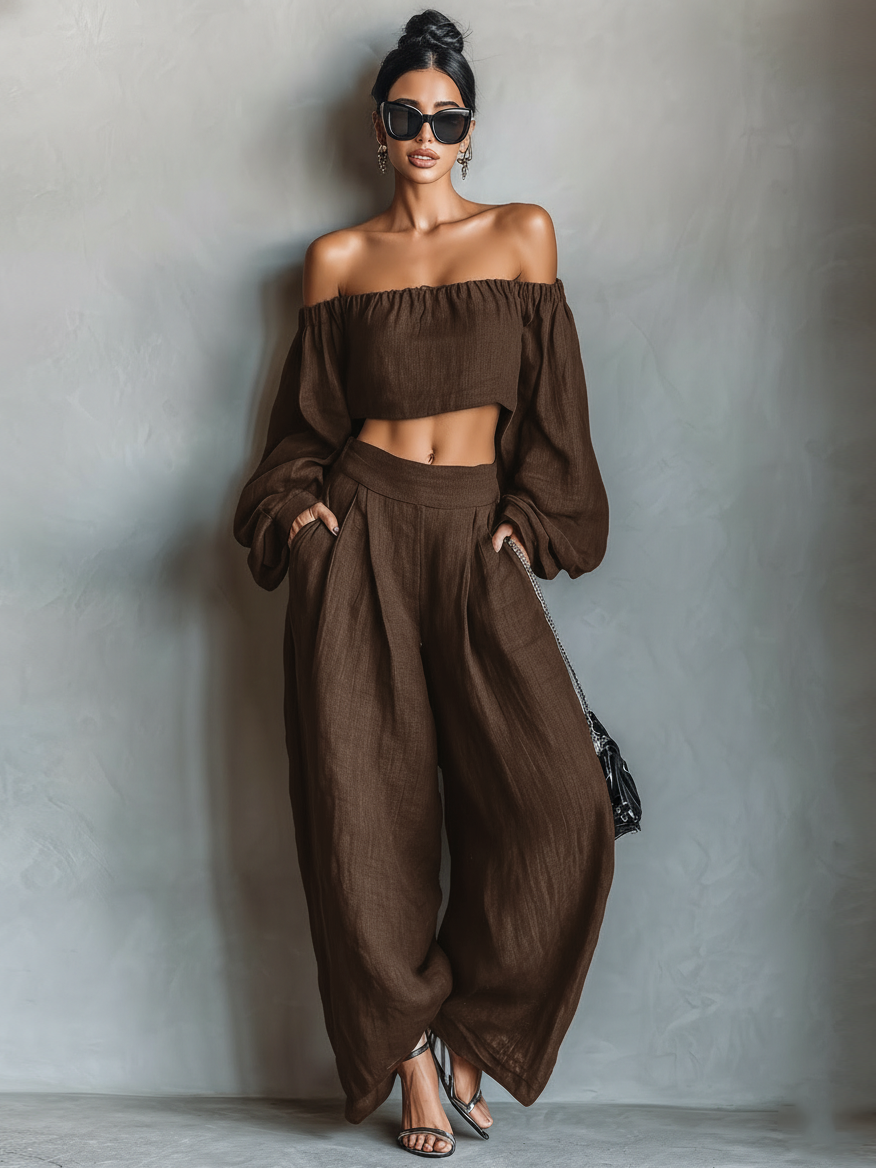 Linen Off-Shoulder Crop Top and Wide Leg Pants Set - Boho Chic Loose Fit Women's Summer Outfit