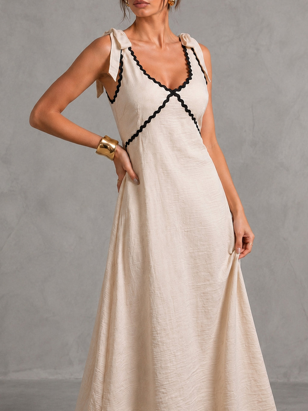 Tie Shoulder Ric Rac Trim Maxi Dress