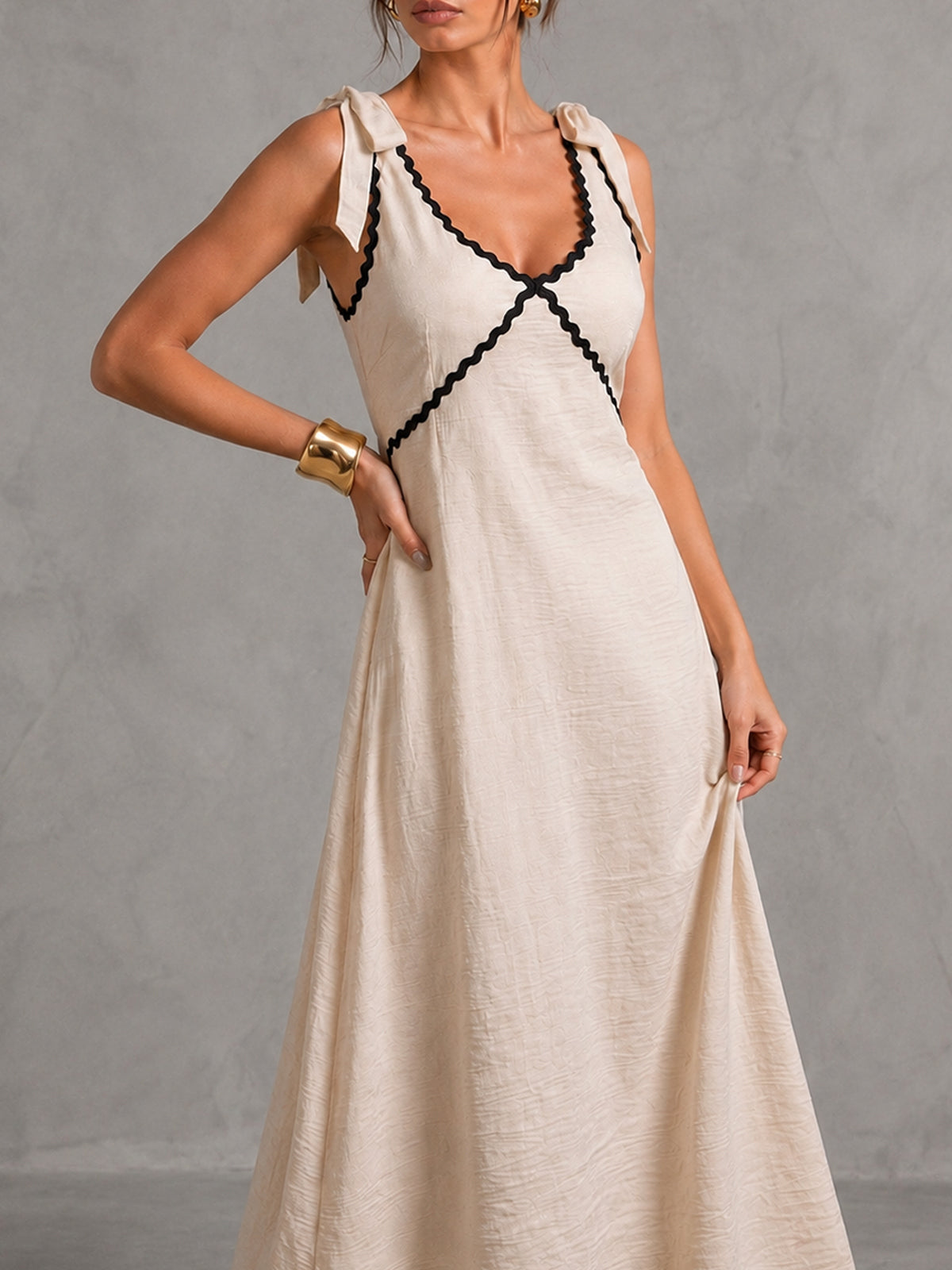 Tie Shoulder Ric Rac Trim Maxi Dress
