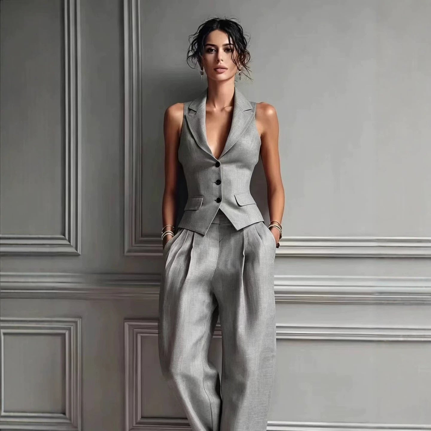 Tailored Vest High Waist Wide Leg Pants Set