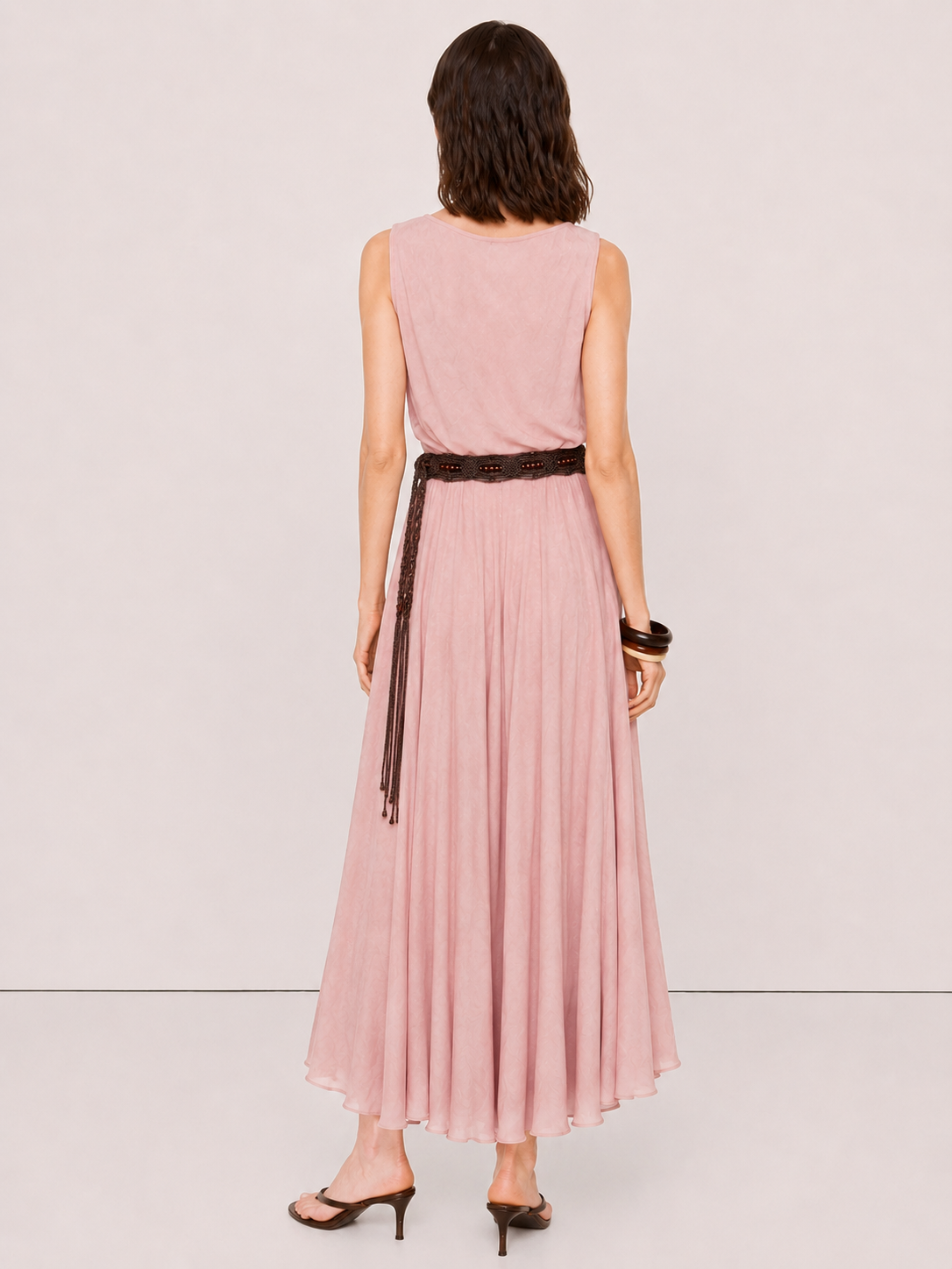 Gathered Split-Neck Midi Dress with Macramé Belt