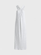 Neckholder-Plisseekleid in Maxilänge – Rückenfreies Leinen-Mix-Kleid mit Knotendetail