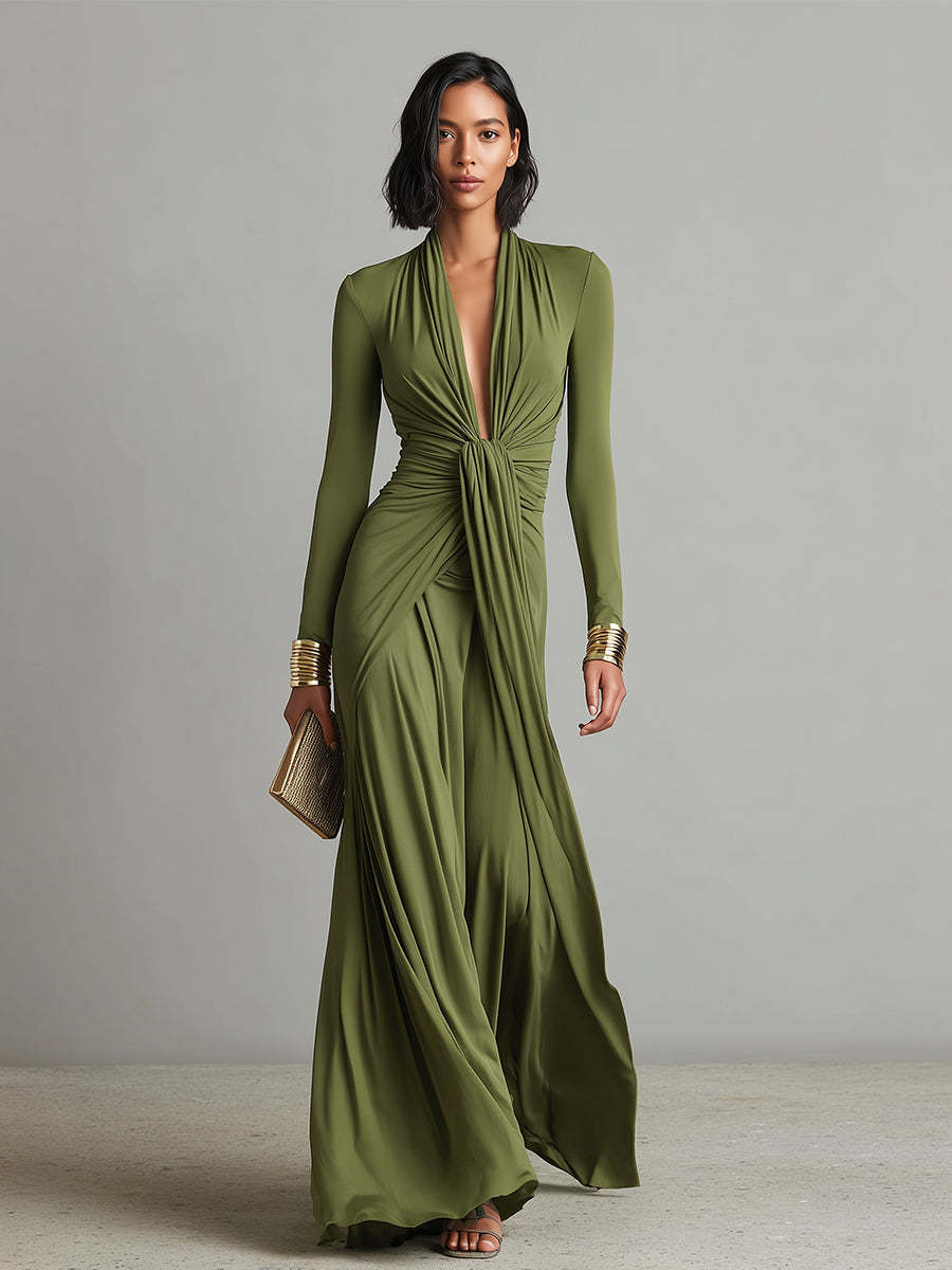Silk Long Sleeve Draped Maxi Dress with Deep V-Neck and Front Twist Detail