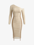 One-Shoulder Mesh Ruched Bodycon Dress