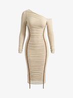One-Shoulder Mesh Ruched Bodycon Dress