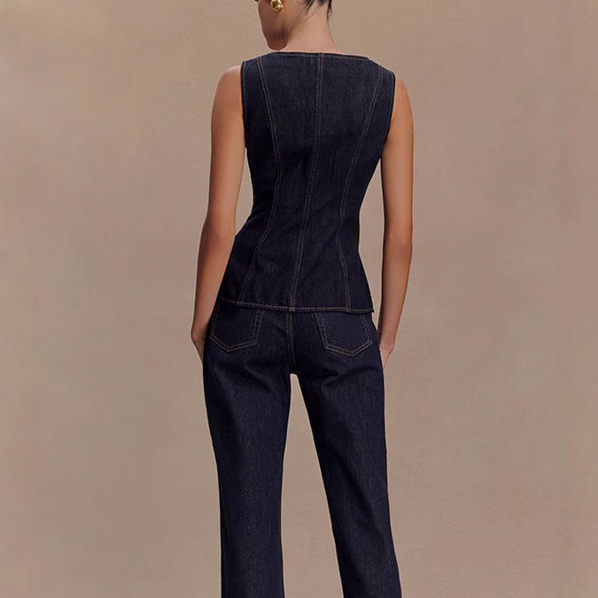 Denim Peplum Top & Pants Set