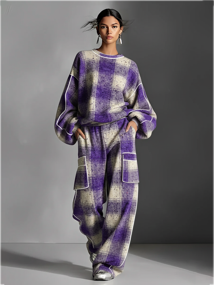 Fleece-Lined Plaid Oversized Sweater Set with Pockets and Ribbed Hem
