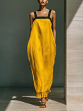 Linen Maxi Dress with Tassel Hem and Square Neckline