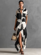 Leinen Maxikleid mit geometrischem Druck, Knopfleiste und seitlichem Schlitz für Damen