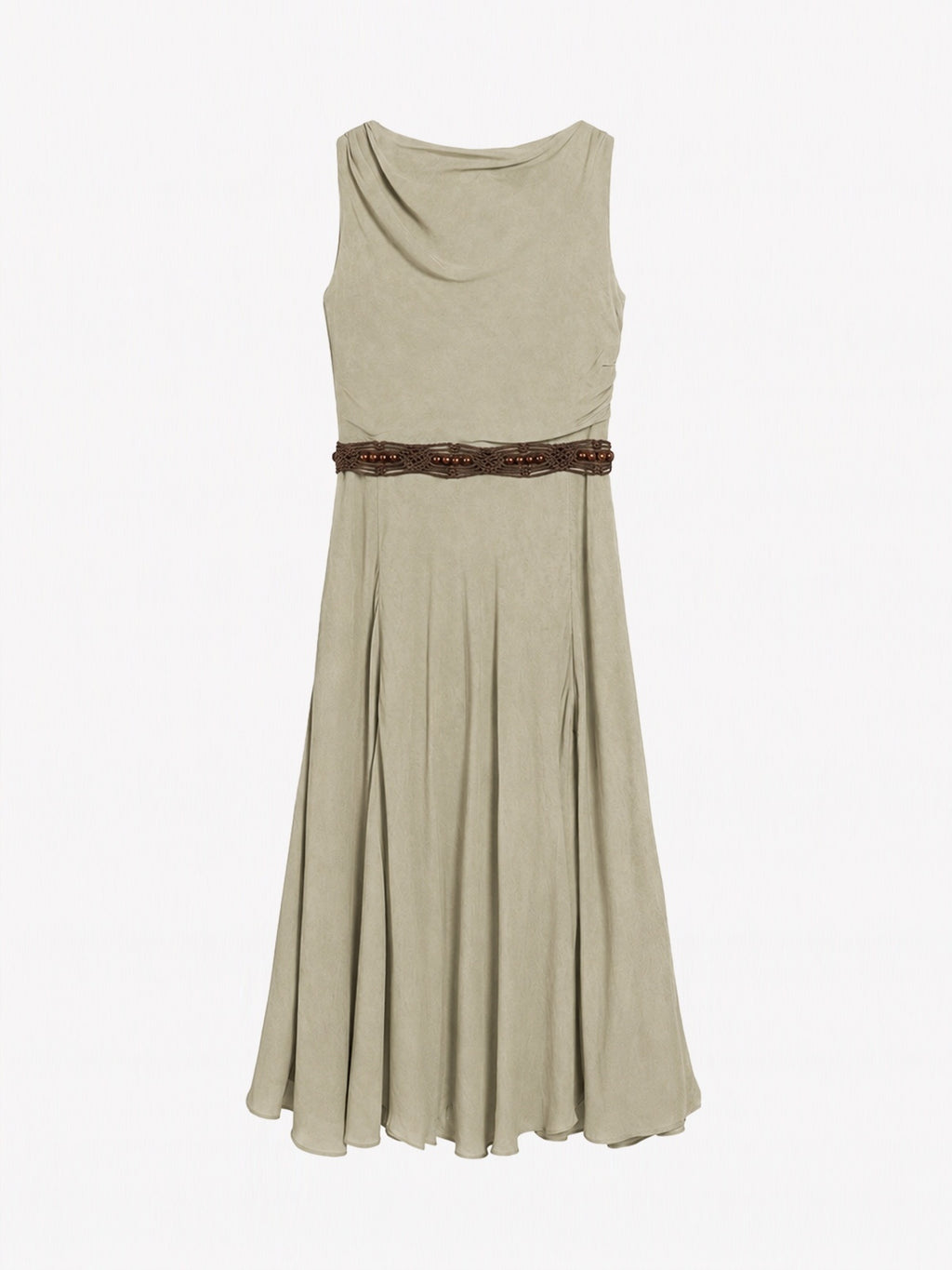 Gathered Split-Neck Tie-Waist Midi Dress