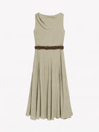 Gathered Split-Neck Tie-Waist Midi Dress