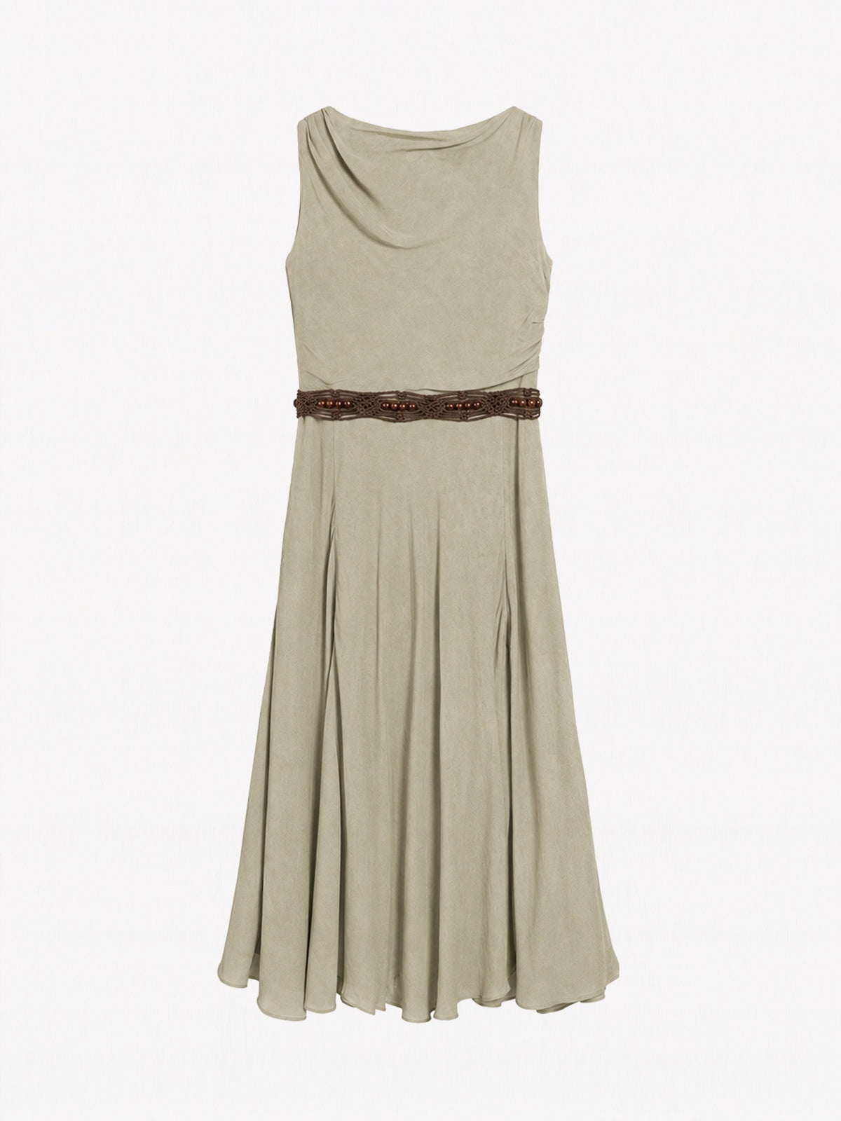 Gathered Split-Neck Tie-Waist Midi Dress