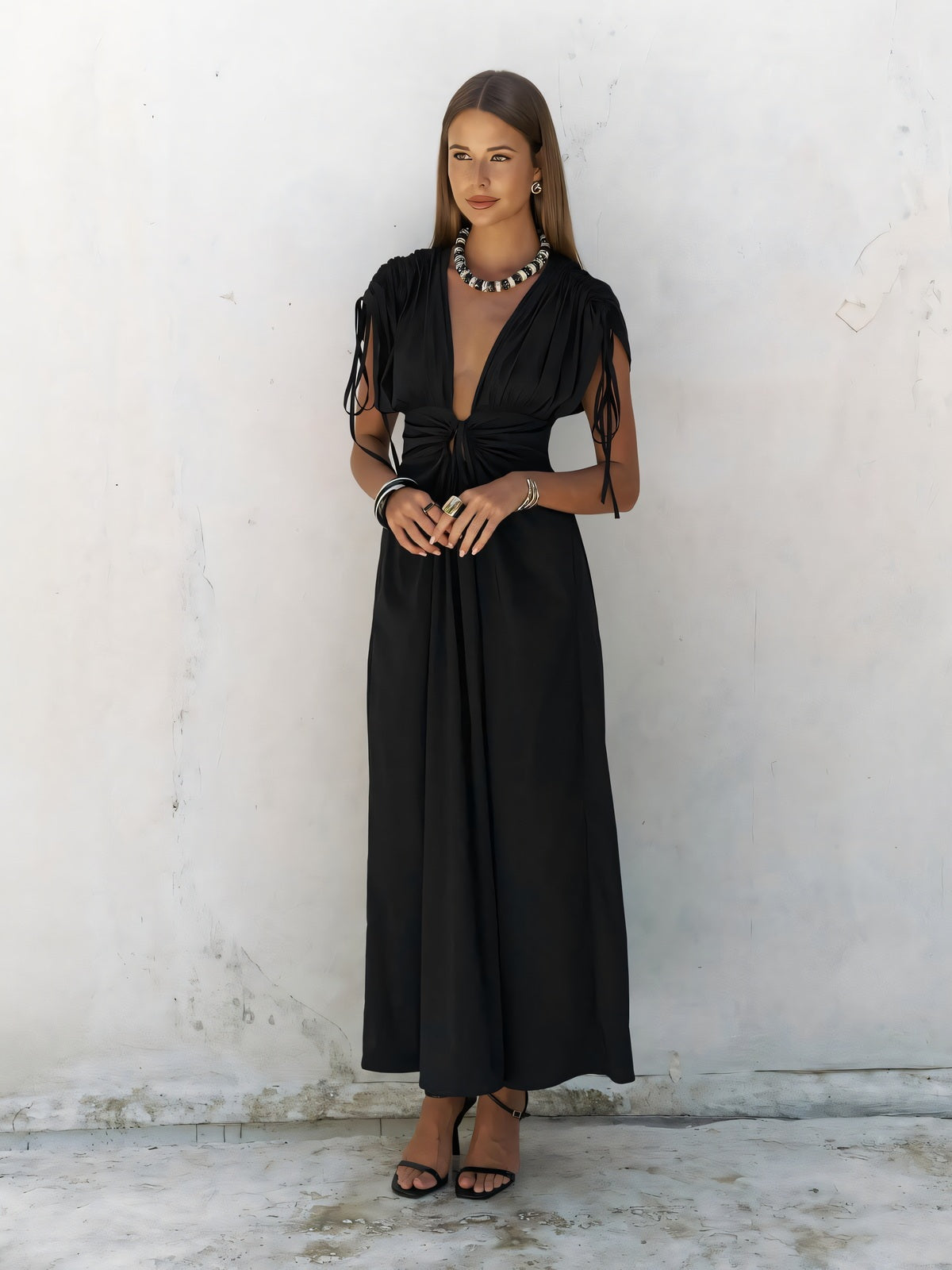 Deep V Neck Lace Up Backless Midi Dress
