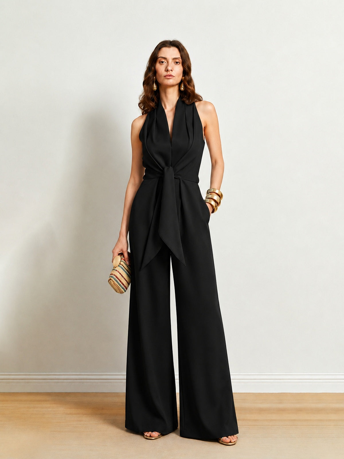Tie Waist V Neck Jumpsuit