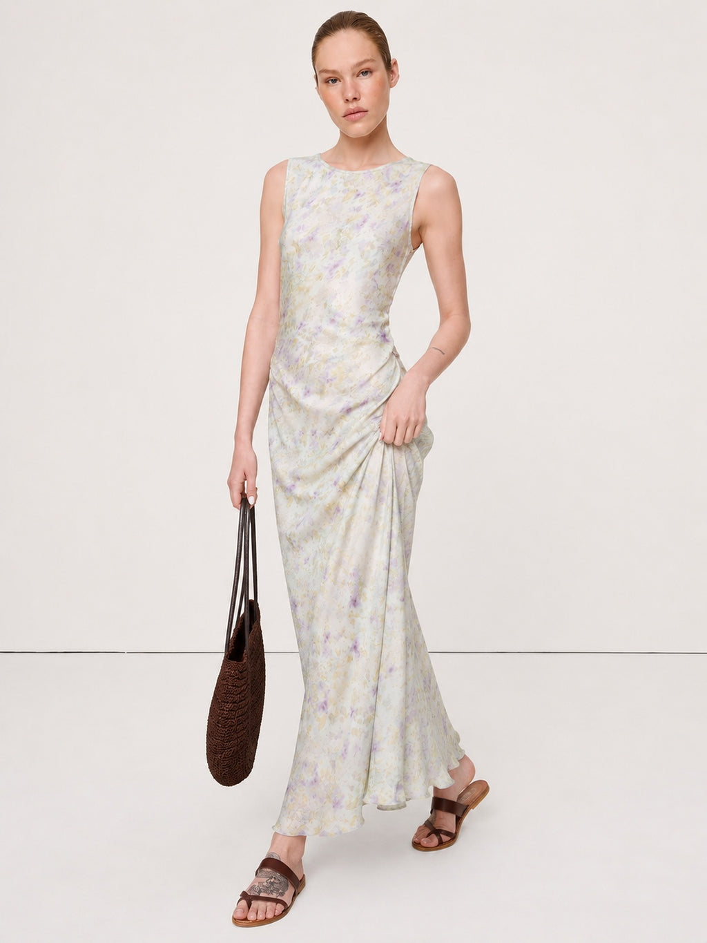 Xiangyun Silk Pastel Floral Draped Maxi Dress