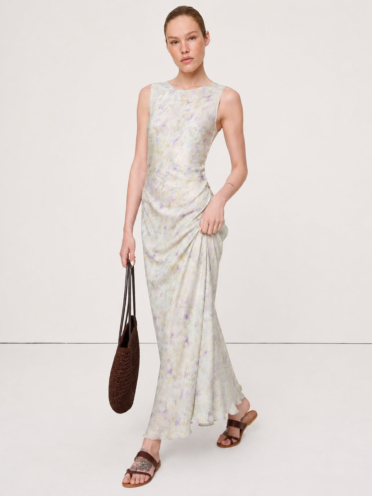 Xiangyun Silk Pastel Floral Draped Maxi Dress