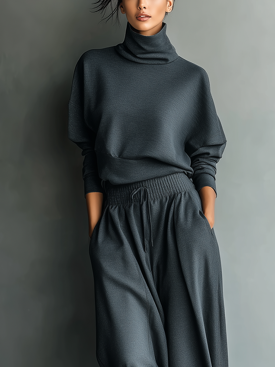Soft Knit Turtleneck Sweater Set with Wide Leg Pants for Women